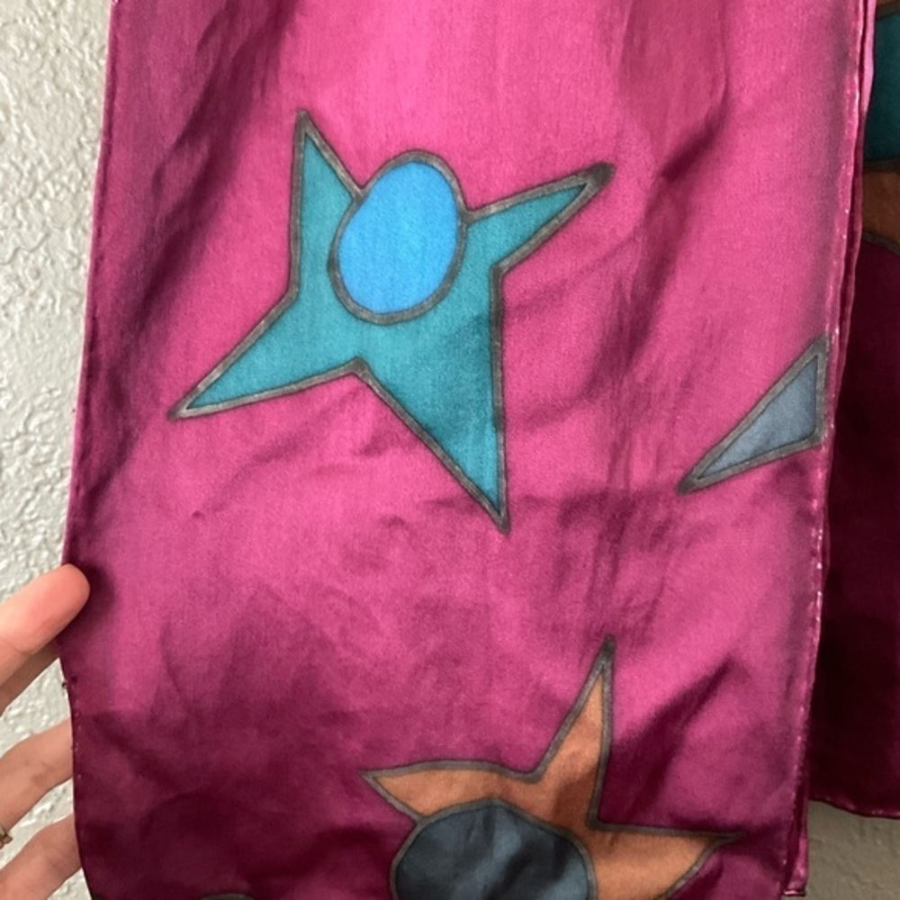 Vintage Silk Burgundy Geometric Print Thin Scarf - Picture 2 of 2